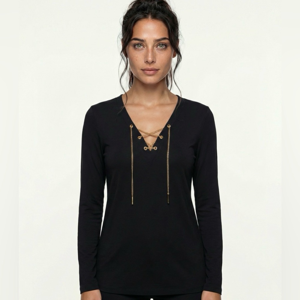 Michael Kors Black Long Sleeve Lughtweight Lace-Up Tunic
